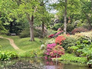 Photo from the garden showing a path through trees and shrubs with a lake in the foreground